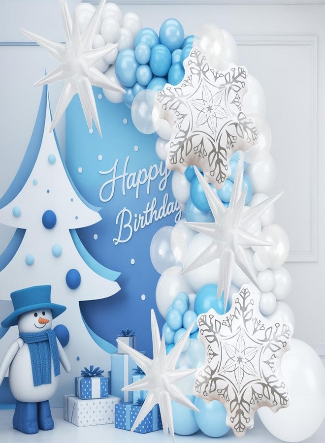 Froova Blue White Christmas Balloon Arch Garland Kit 115Pcs Light Blue Pearl White and Transparent Xmas Balloons, White Snowflake Explosion Star Balloon for Winter Wonderland Holiday Christmas Decor - Image 4